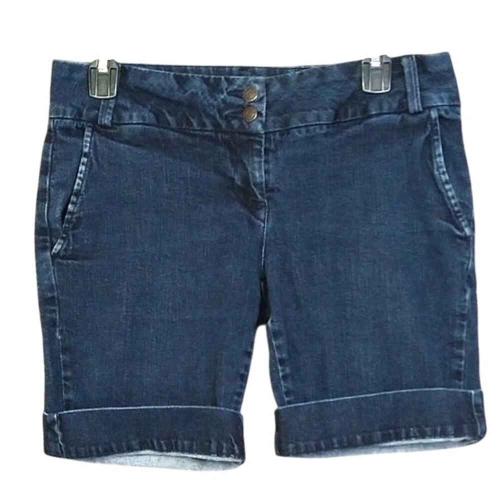 Elle Denim Bermuda Shorts Flap Pockets Mid-Rise Stretch Blue Jean 8 - Picture 3 of 11